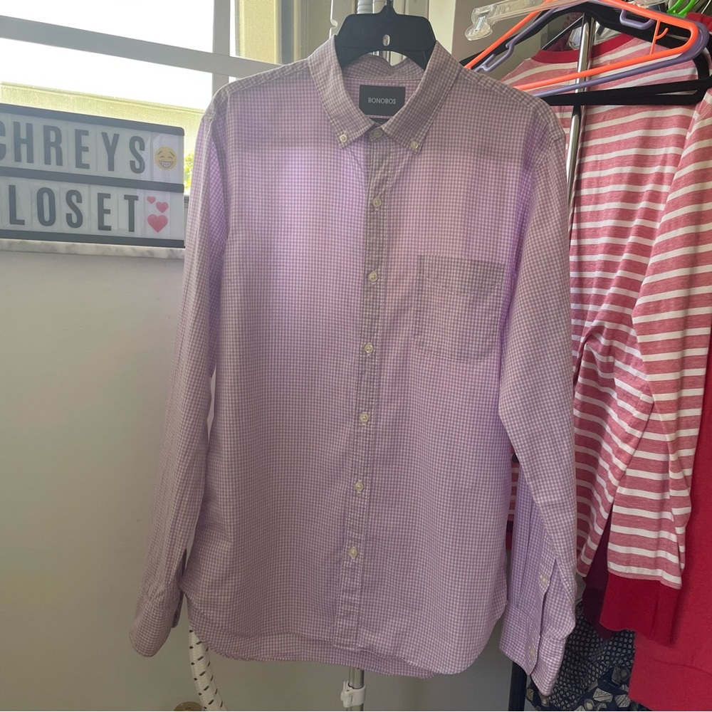 Mens Bonobos purple gingham design casual shirt slim fit size Medium